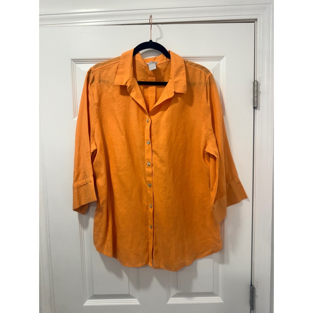 Chicos No Iron 100% Linen Button Down Shirt Orange 3/4 Sleeve Womens 3 XL 16